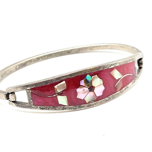 Taxco Mexico Sterling Silver Mother of Pearl Enamel Inlay 6.5in